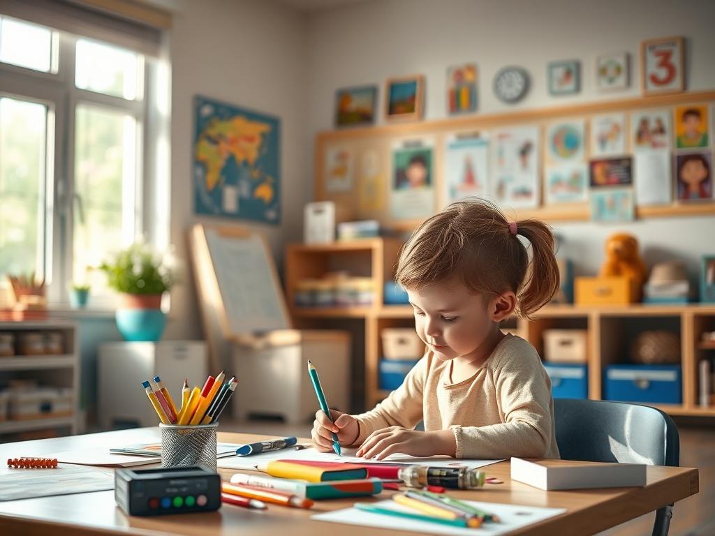 A serene and inspiring classroom environment with a focused child