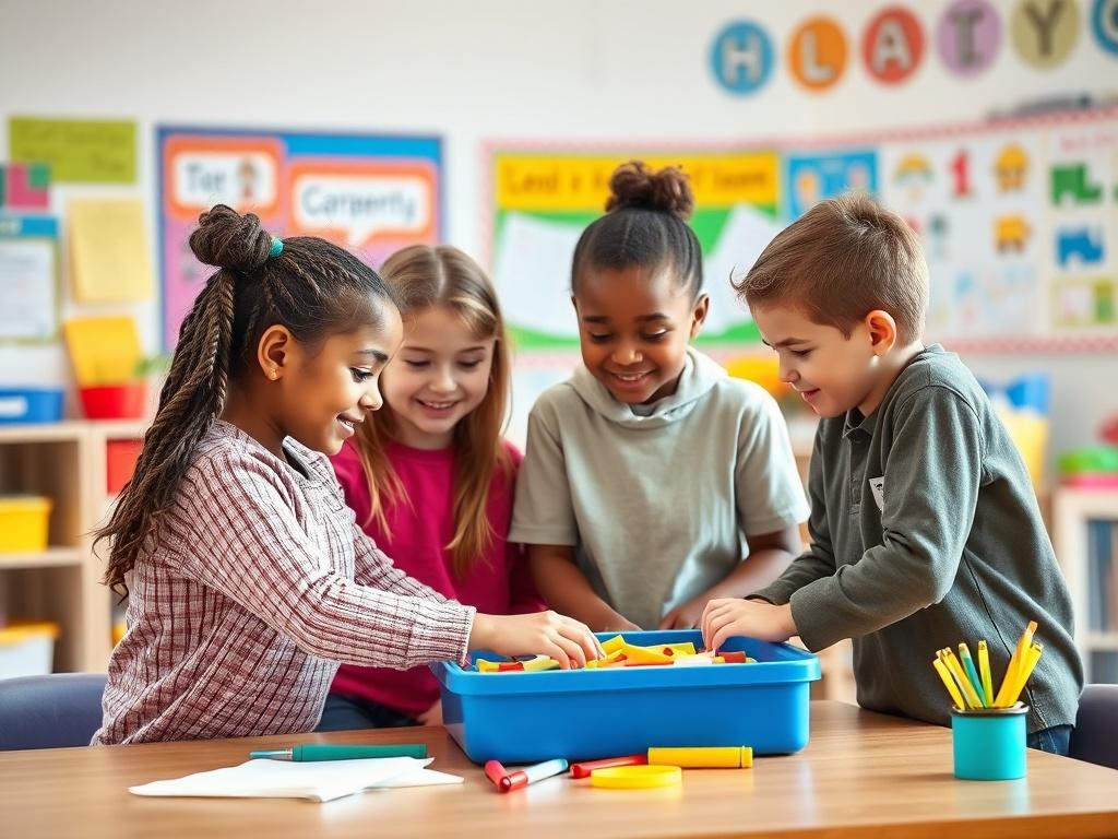 A group of children collaborating on a project, sharing ideas